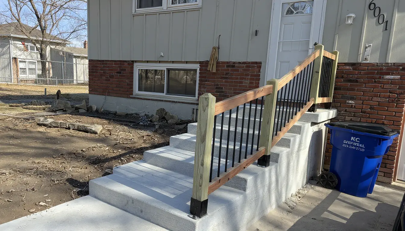 Cracked and settled concrete driveway in east Kansas City â€” showing settlement and freeze-thaw damage before replacement