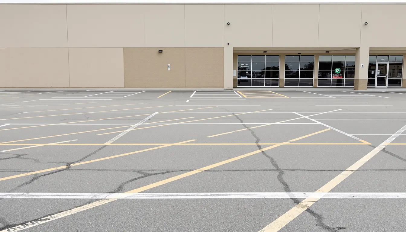 Finished concrete parking lot on I-70 corridor commercial property in east Kansas City — ready for striping