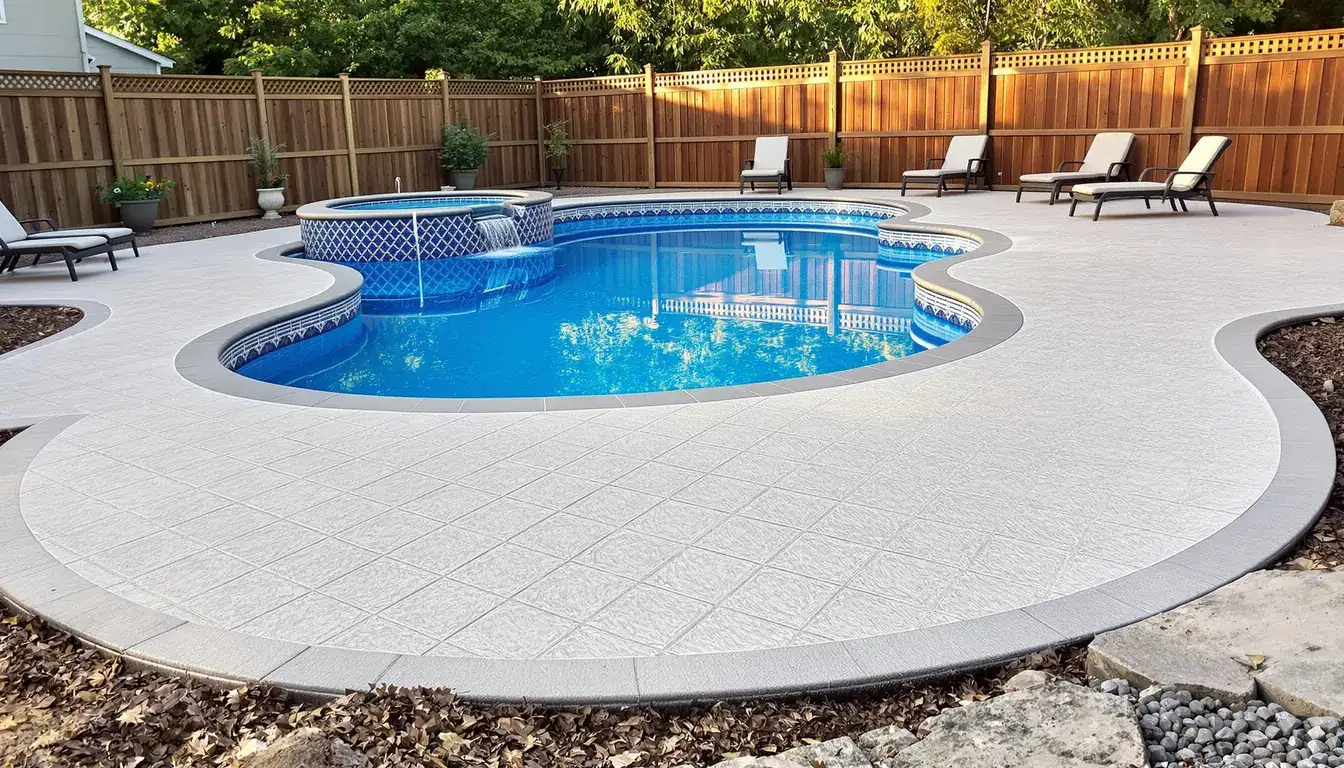 Concrete pool deck installation — slip-resistant finish and expansion joints around pool perimeter